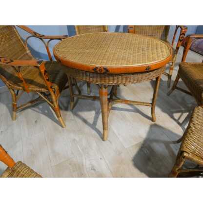 Salon de jardin d'hiver en rotin, 4 fauteuils, 2 chaises et table, milieu XX ème – Image 6