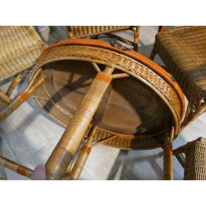 Salon de jardin d'hiver en rotin, 4 fauteuils, 2 chaises et table, milieu XX ème – Image 12