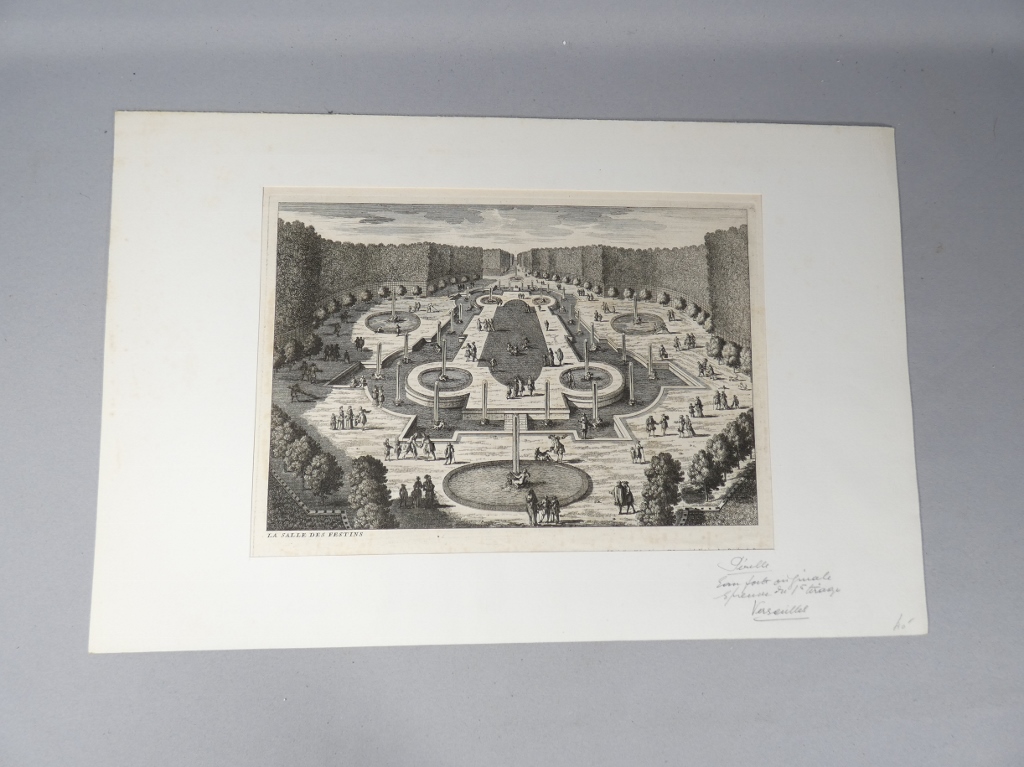 Versailles, La salle des Festins, gravure d'époque XVII ème des jardins par Gabriel Pérelle – Image 2