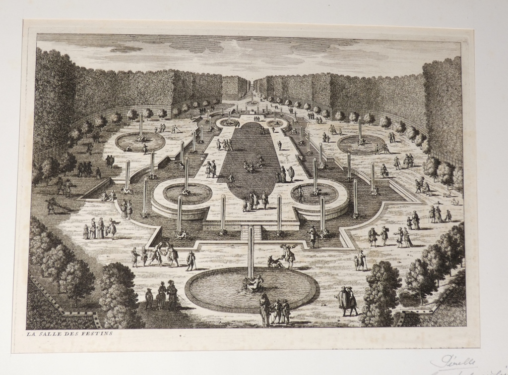 Versailles, La salle des Festins, gravure d'époque XVII ème des jardins par Gabriel Pérelle