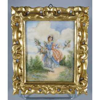 La bouquetière rose d'après Boucher, peinture miniature gouache, par Marthe Ray