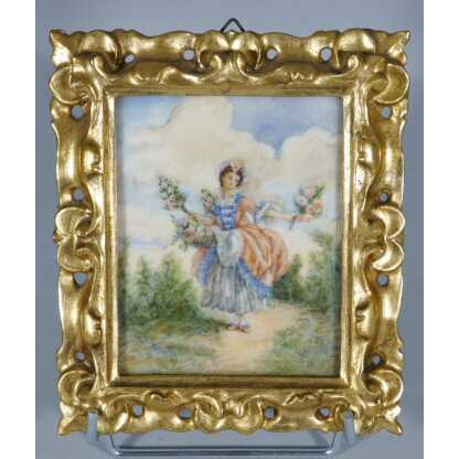 La bouquetière rose d'après Boucher, peinture miniature gouache, par Marthe Ray