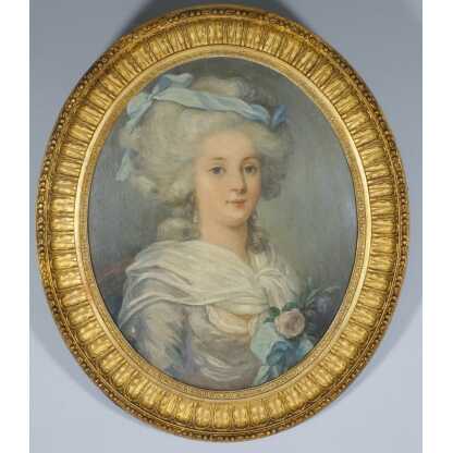 Portrait de jeune femme dans le goût du XVIII ème, huile sur bois époque XIX ème