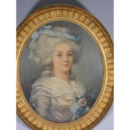 Portrait de jeune femme dans le goût du XVIII ème, huile sur bois époque XIX ème – Image 2