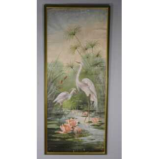 Tableau naturaliste aux aigrettes, papyrus et nénuphars, huile sur toile marouflée, époque 1900