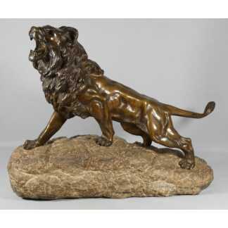 Lion rugissant, sculpture animalière en bronze et marbre des Pyrénées, par James Andrey