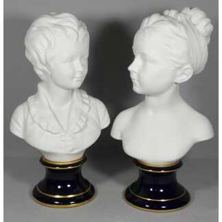 Paire de bustes "les enfants Brongniart" d'après Houdon, biscuit porcelaine Limoges Tharaud