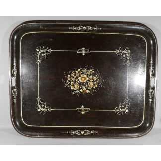 Grand plateau (81 cm) Napoléon III en tôle peinte façon palissandre et doré, époque XIX ème