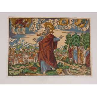 Gravure colorée d'époque XVI ème siècle, bois allemand, scène de la Bible