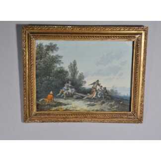 Gouache fin XVIII ème siècle, tableau personnages jouant dans paysage bucolique