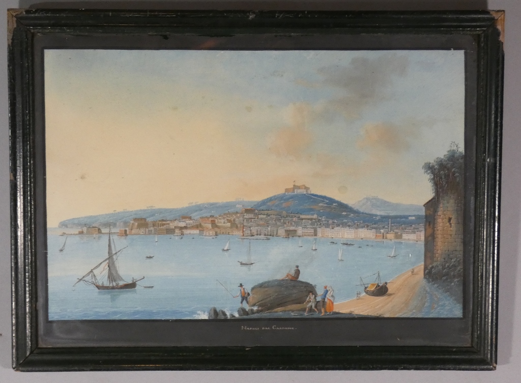 Gouache napolitaine, Napoli dal Carmine, vue de la baie de Naples, époque XIX ème siècle