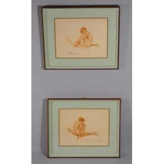 Simone Meunier (1890-1937), paire de gravures à la sanguine, femmes, pin up Art Déco 1930