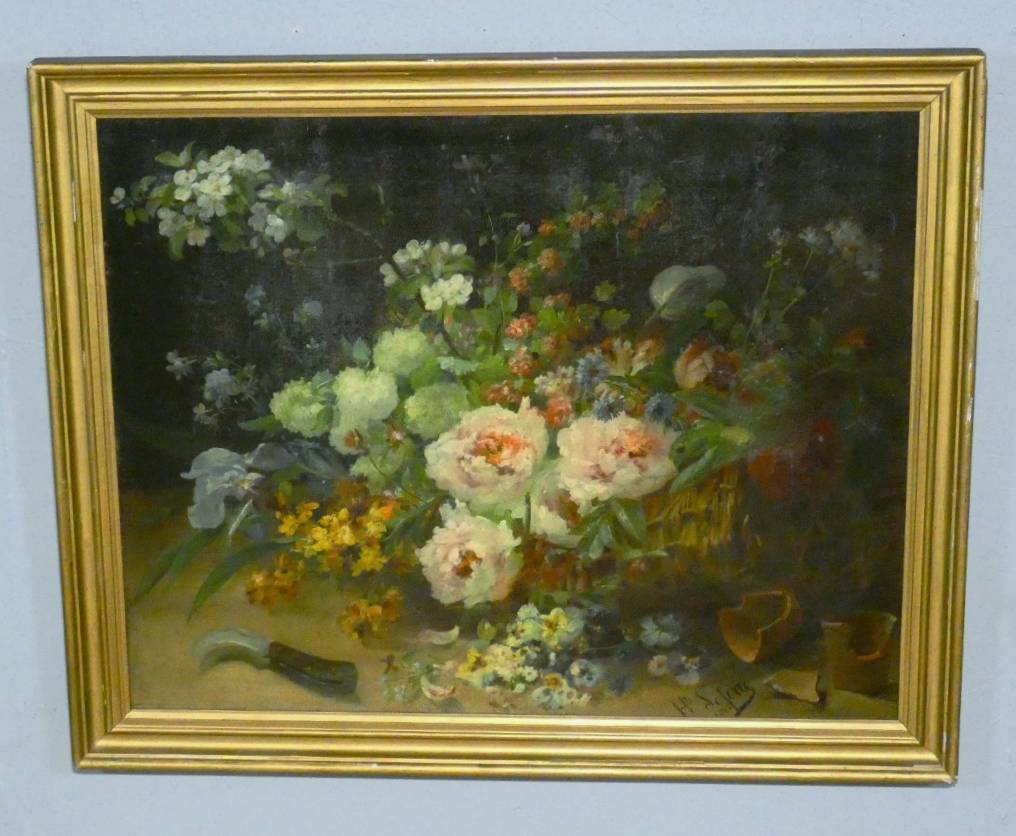 Jeté de fleurs par Henri Lefevre daté 1882, tableau nature morte huile sur toile XIX ème