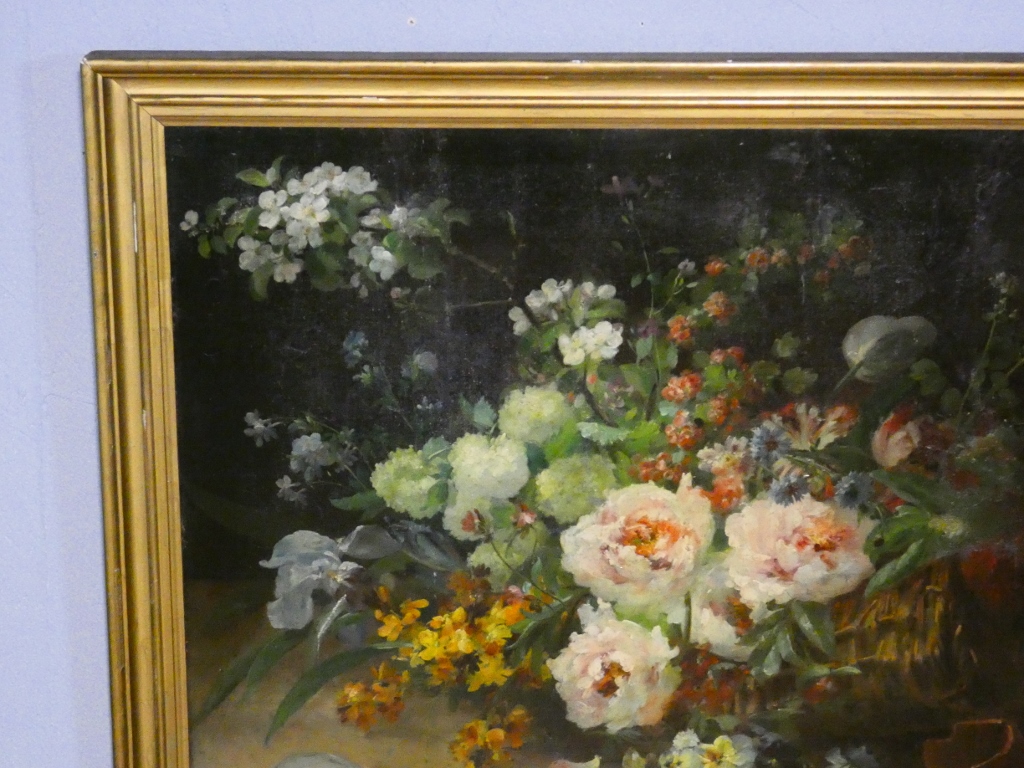 Jeté de fleurs par Henri Lefevre daté 1882, tableau nature morte huile sur toile XIX ème – Image 7