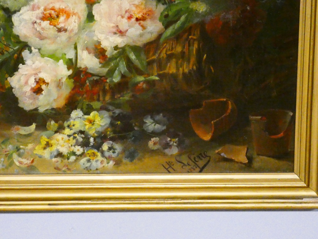 Jeté de fleurs par Henri Lefevre daté 1882, tableau nature morte huile sur toile XIX ème – Image 5