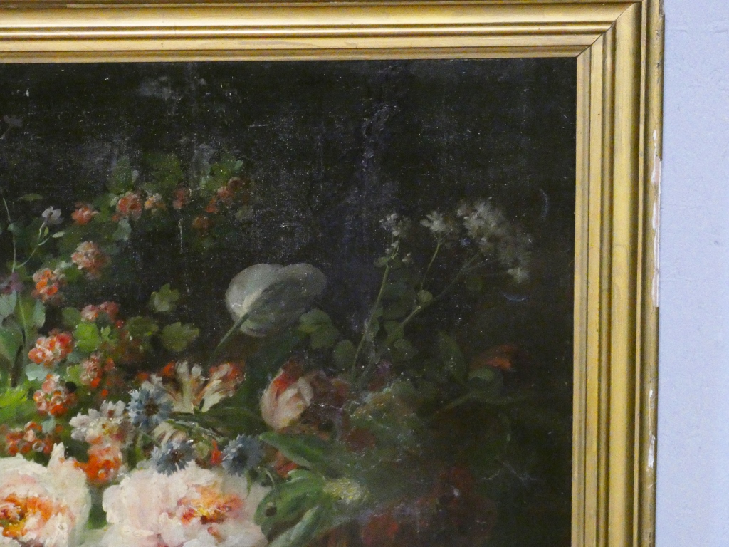 Jeté de fleurs par Henri Lefevre daté 1882, tableau nature morte huile sur toile XIX ème – Image 14