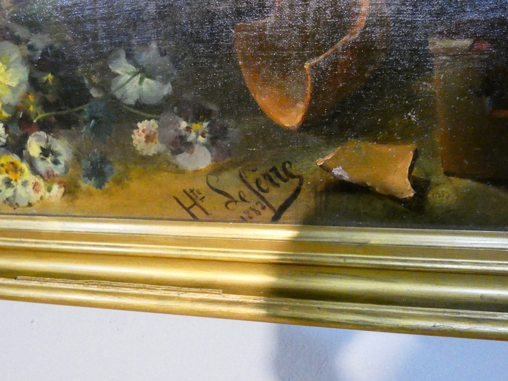 Jeté de fleurs par Henri Lefevre daté 1882, tableau nature morte huile sur toile XIX ème – Image 11