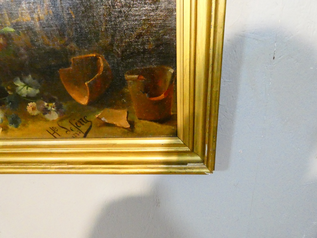 Jeté de fleurs par Henri Lefevre daté 1882, tableau nature morte huile sur toile XIX ème – Image 9