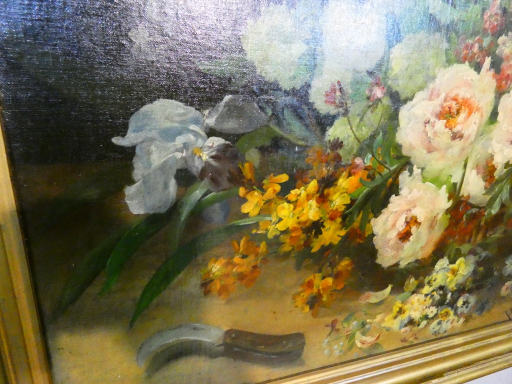 Jeté de fleurs par Henri Lefevre daté 1882, tableau nature morte huile sur toile XIX ème – Image 6