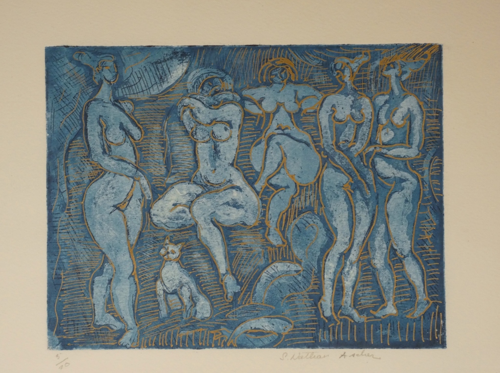 Simone NATHAN ASCHER (1924-2012), lithographie 5 femmes et un chat – Image 2