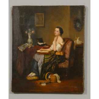 Jeune femme à la lettre, tableau huile sur toile époque XIX ème
