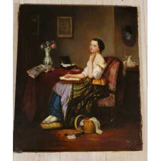 Jeune femme à la lettre, tableau huile sur toile époque XIX ème