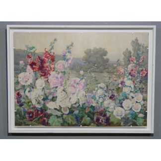 Les roses trémières, très grande aquarelle par Andrée Langrand