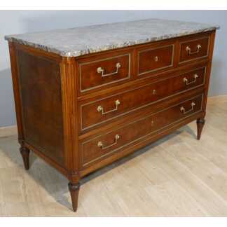 Estampille Sotto, commode d'époque Louis XVI en acajou et marbre brèche fossile gris XVIII ème