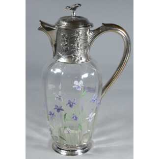 Christofle Gallia, aiguière métal argenté et verre émaillé aux violettes, époque début XX ème