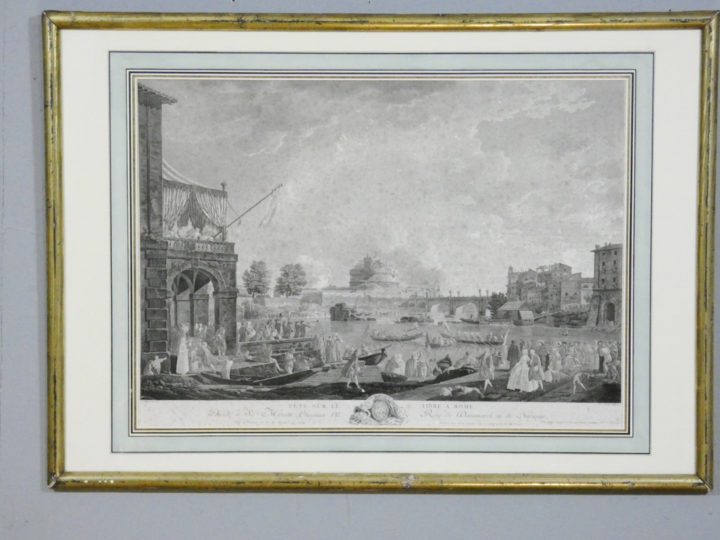 Très grande gravure XVIII ème"Fête sur le Tibre à Rome" par Duret d'après Joseph Vernet