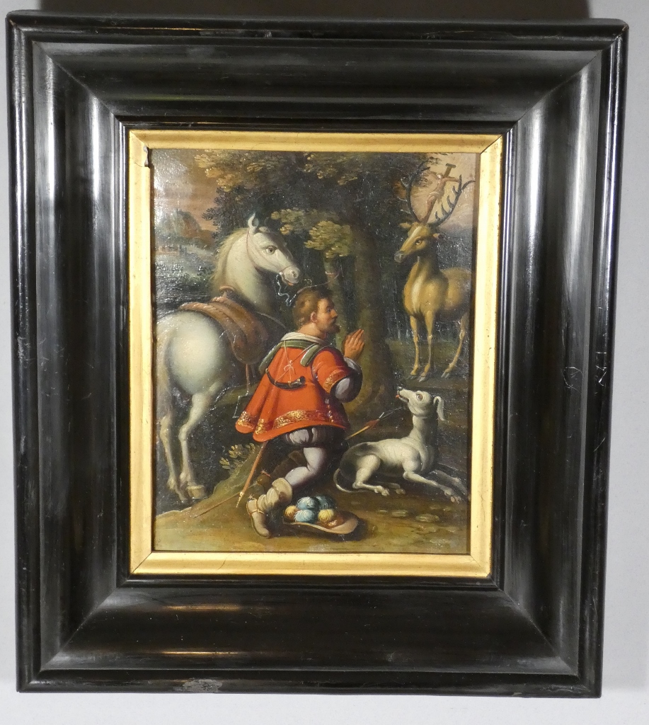 École Allemande Du XVIe Siècle – Saint Hubert Et La Vision Du Cerf – Huile Sur Cuivre