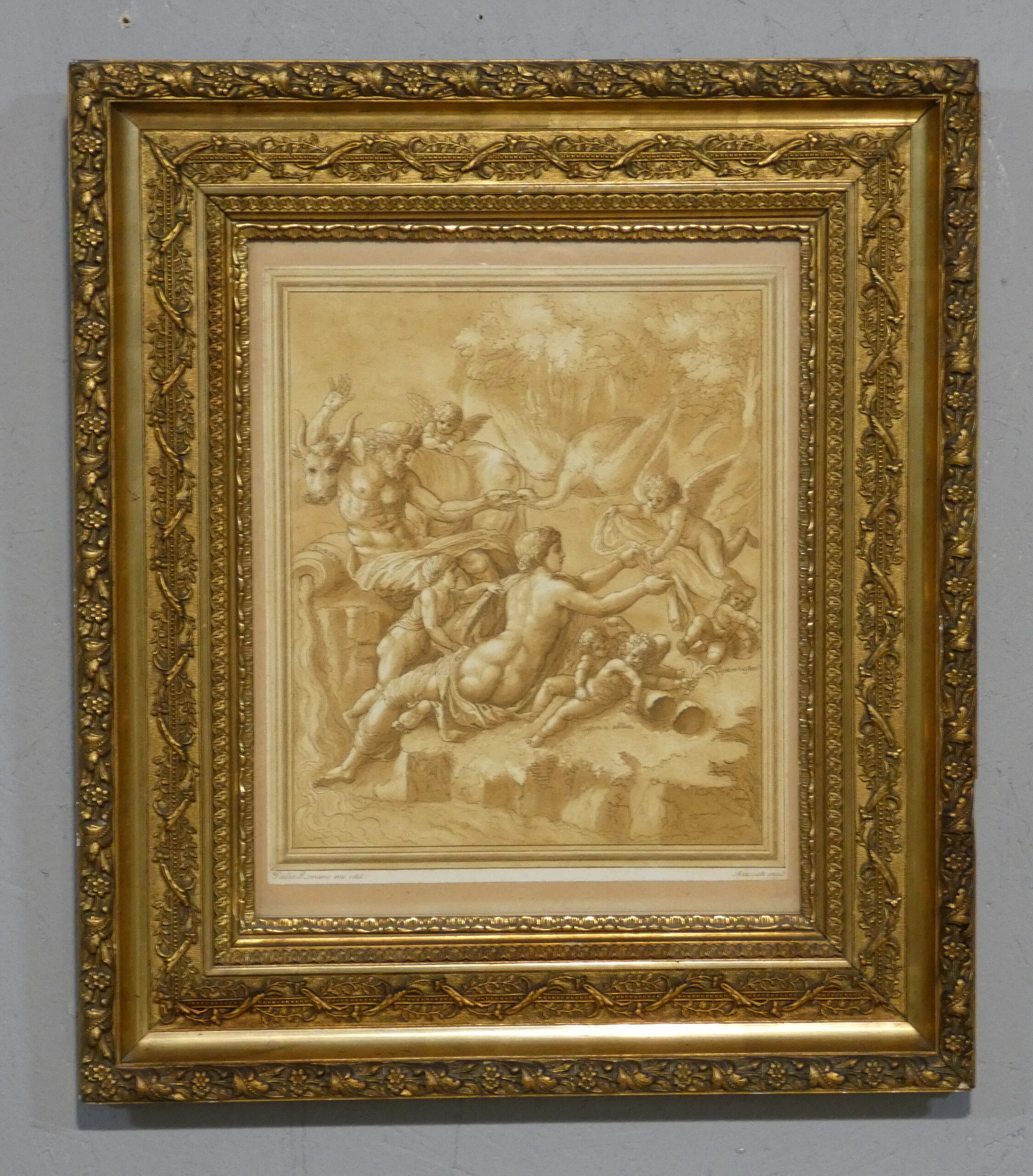 Jupiter et Europe, gravure XVIII ème d'après Giulo Romano gravé par Andréa Scacciati, 1766