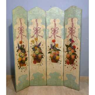 Paravent 4 feuilles en bois peint de bouquets de fleurs, époque XX ème