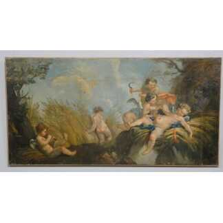 Les amours moissonneurs d'après Boucher, grand tableau huile sur toile, 1er d'une paire