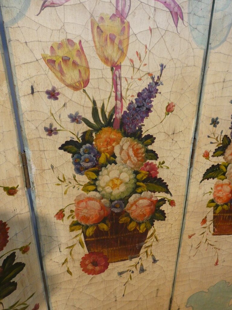 Paravent 4 feuilles en bois peint de bouquets de fleurs, époque XX ème – Image 4
