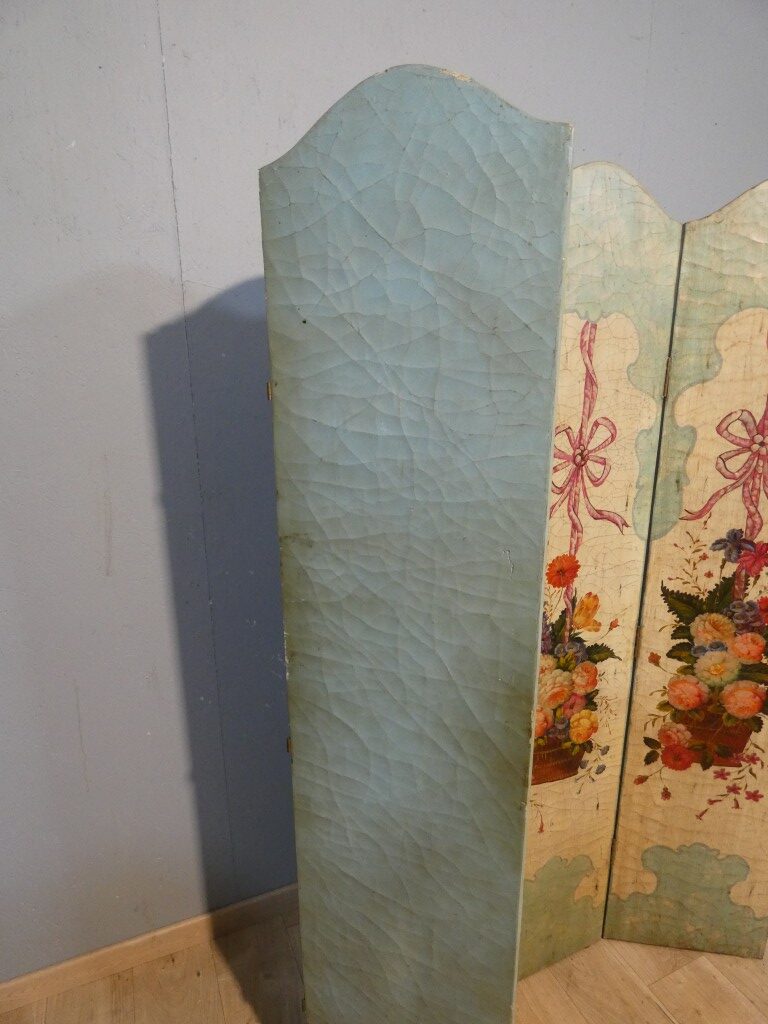 Paravent 4 feuilles en bois peint de bouquets de fleurs, époque XX ème – Image 13