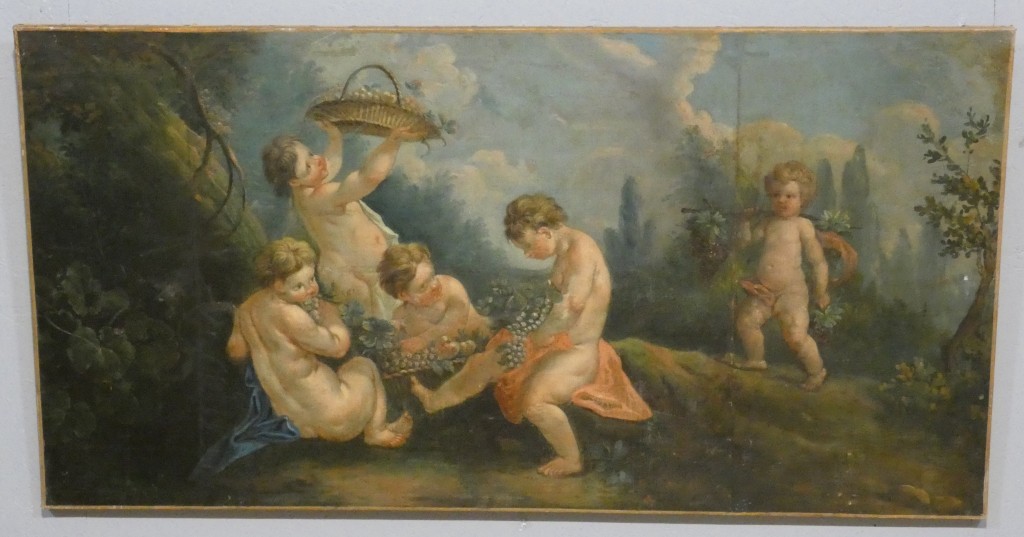 Les amours vendangeurs, d'après Boucher, grand tableau huile sur toile, 2e d'une paire