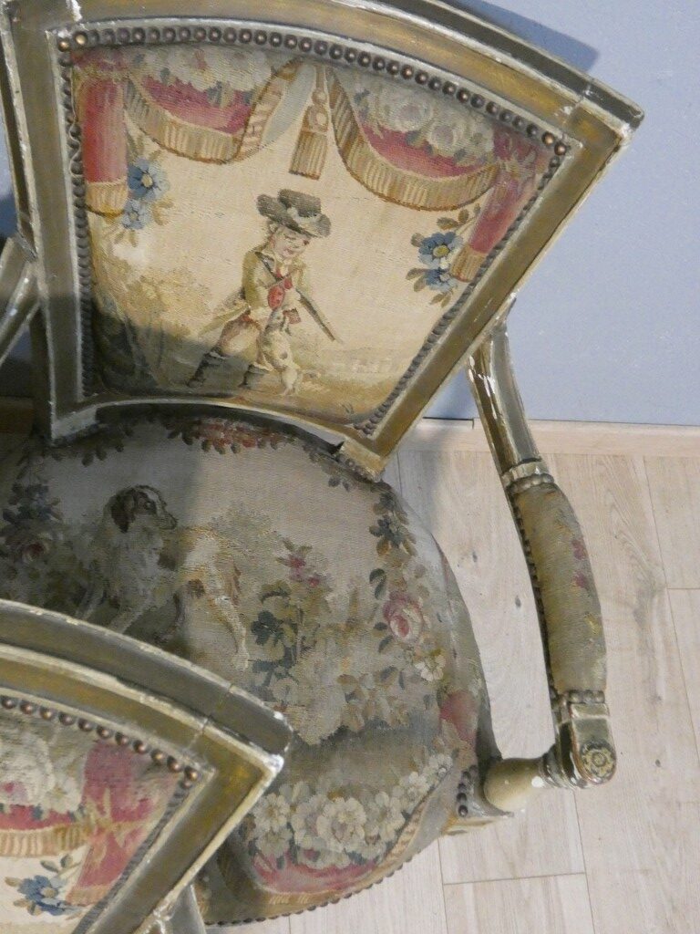 Suite de six fauteuils en bois laqué et doré tapisseries à scènes– Époque Directoire, vers 1795 – Image 15