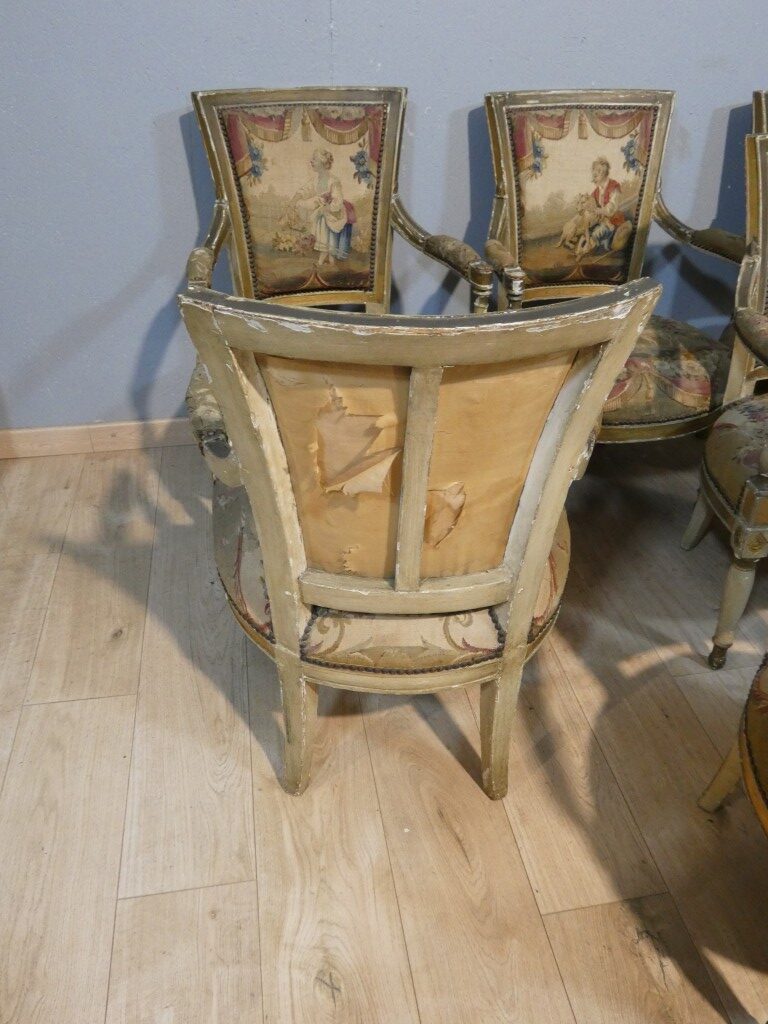 Suite de six fauteuils en bois laqué et doré tapisseries à scènes– Époque Directoire, vers 1795 – Image 20
