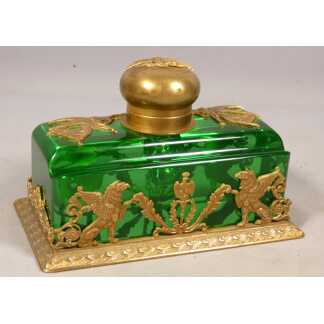 Encrier en cristal vert et bronze doré – Style Empire, fin du XIXᵉ siècle