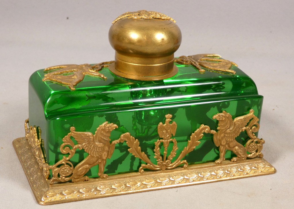 Encrier en cristal vert et bronze doré – Style Empire, fin du XIXᵉ siècle