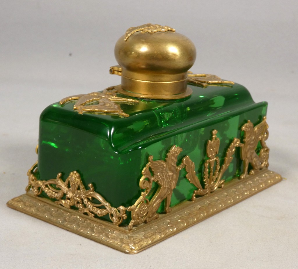 Encrier en cristal vert et bronze doré – Style Empire, fin du XIXᵉ siècle – Image 4