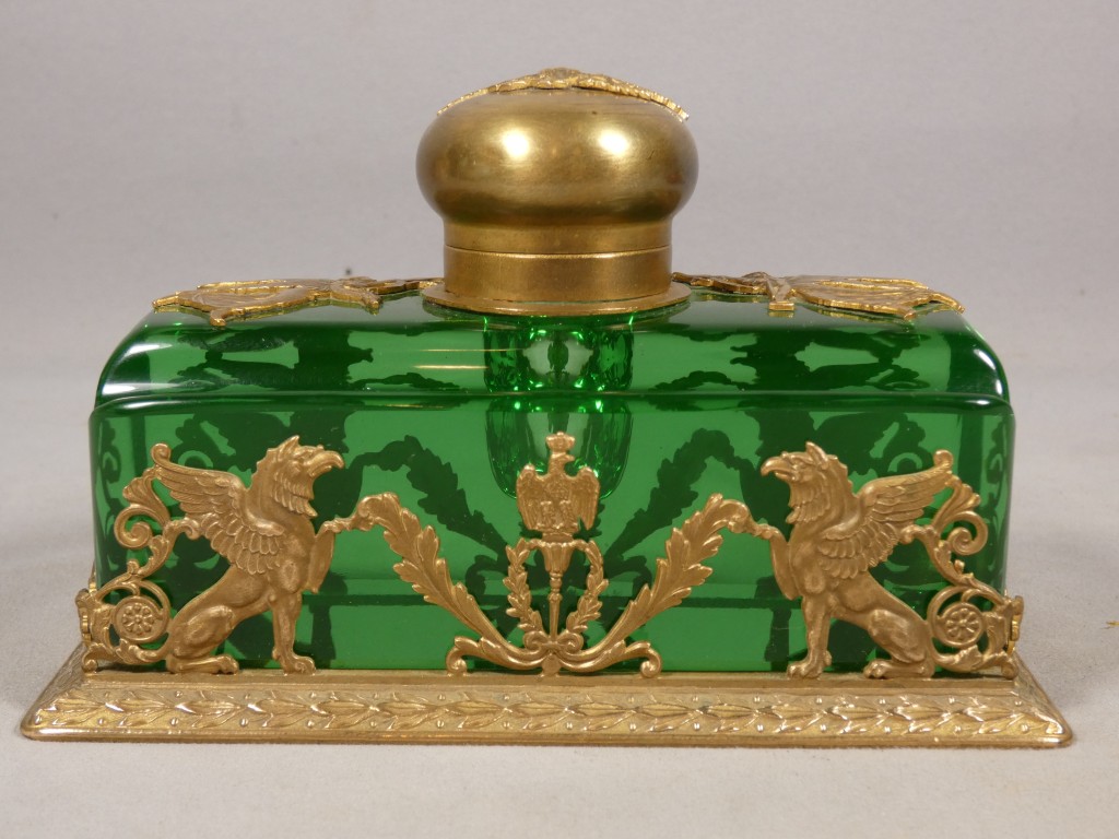 Encrier en cristal vert et bronze doré – Style Empire, fin du XIXᵉ siècle – Image 2