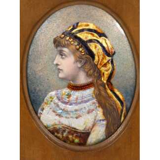 Ernest Blancher – Jeune femme en costume d’Europe orientale, émail de Limoges daté 1913