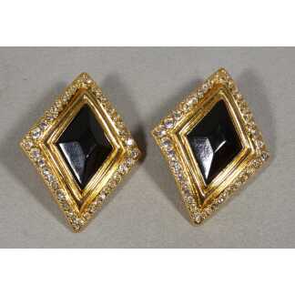 Jean-Louis Scherrer – Grands Clips d’Oreilles Couture Noirs et Strass, Années 1980