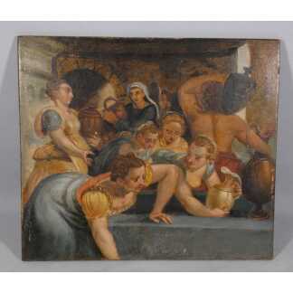 Scène de personnages à la fontaine – École maniériste, XVIIe siècle – Huile sur panneau