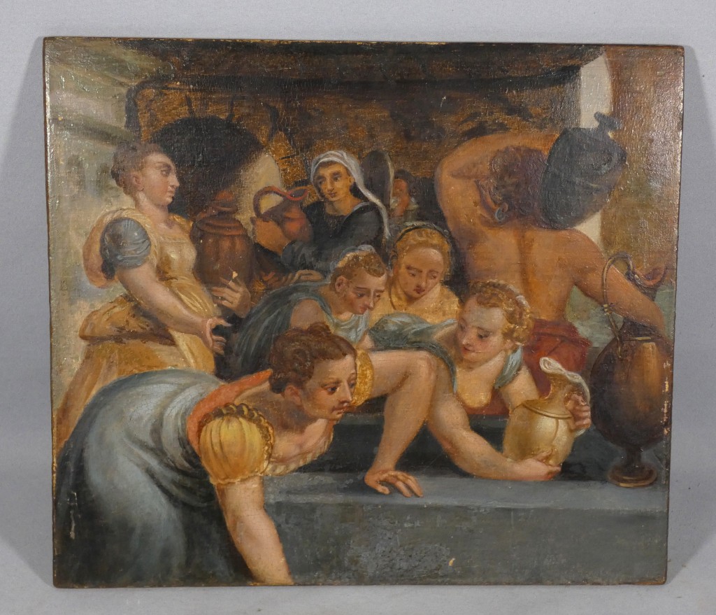Scène de personnages à la fontaine – École maniériste, XVIIe siècle – Huile sur panneau