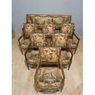 Salon d’époque Directoire en tapisserie XVIIIe siècle scènes pastorales et Fable de la Fontaine