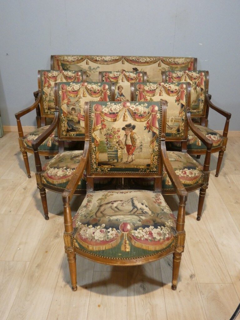 Salon d’époque Directoire en tapisserie XVIIIe siècle scènes pastorales et Fable de la Fontaine – Image 2