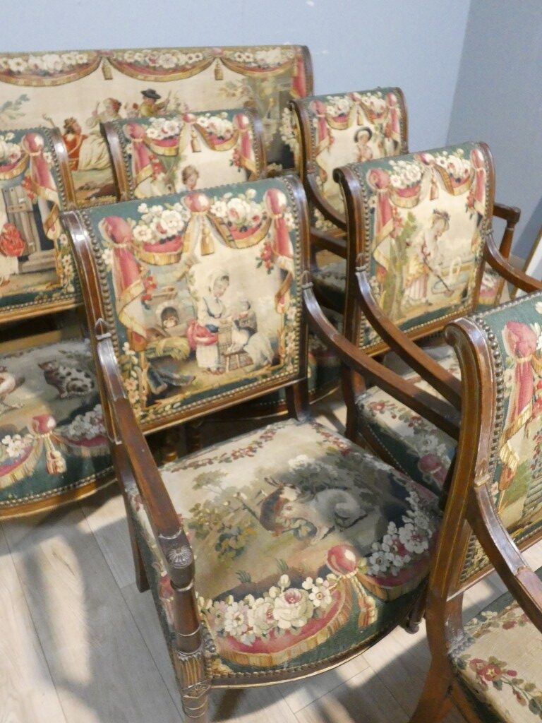 Salon d’époque Directoire en tapisserie XVIIIe siècle scènes pastorales et Fable de la Fontaine – Image 3